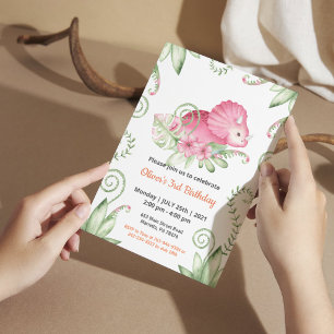 Roze Aquarel Dinosaurus Meisje Verjaardagsdecorati Kaart
