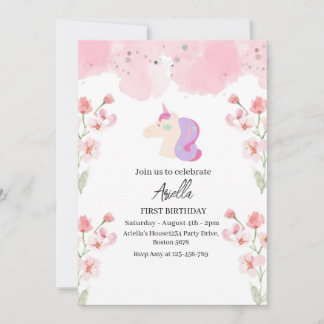Roze Aquarel Eenhoorn Bloem Meisje Eerste Verjaard Kaart