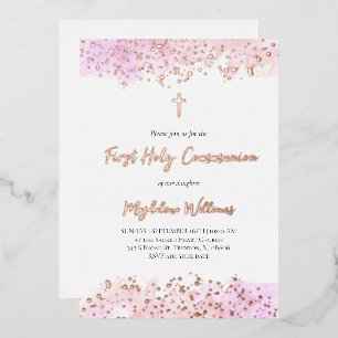 roze aquarel Eerste Heilige Communie Folie Uitnodiging