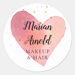 Roze Aquarel Hart Gouden Sterren Ronde Sticker