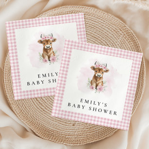 Roze Aquarel Hoogland Koe Meisje Baby Shower Servet