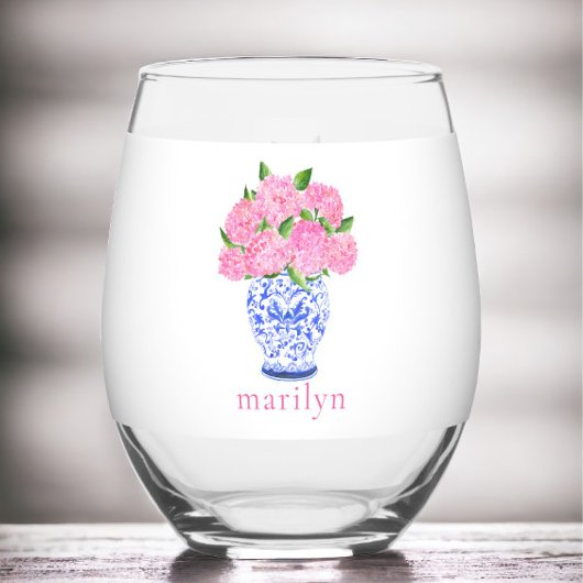 Roze Aquarel Hydrangea Chinoiserie Maatwerk Wijnglas Zonder Voet