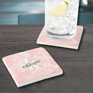 Roze Aquarel Initiaal Monogram Stenen Onderzetter