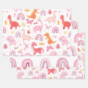 Roze Aquarel Meisje Dinosaurussen Boho Regenbogen Inpakpapier Vel