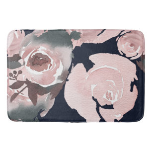 Roze Aquarel Rozen Donker Marineblauw Bloemmotief Badmat