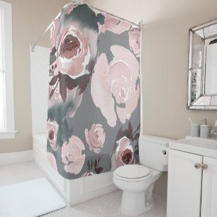 Roze Aquarel Rozen Grijs Houtskool Bloemmotief Douchegordijn