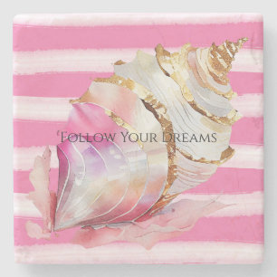 Roze Aquarel Strand Strepen Gouden Shell Stenen Onderzetter