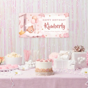 Roze Aquarel Teddybeer 1e Verjaardag Welkom Spandoek