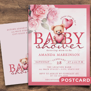 Roze Aquarel Valentijnsdag Teddybeer Babyshower Briefkaart