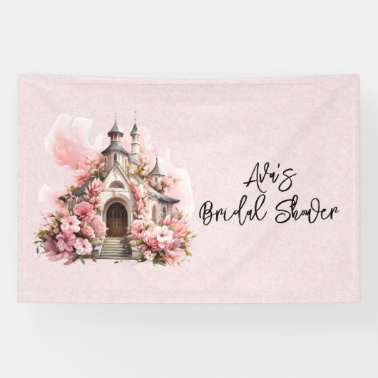 Roze Aquarelkerk Bruidsdiner Spandoek (Horizontaal)