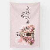 Roze Aquarelkerk Bruidsdiner Spandoek (Verticaal)