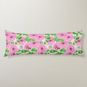 Roze aquarelrozen met bladeren en knoppenpatroon lichaamskussen