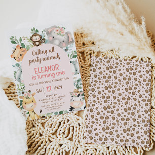 Roze Arch Safari Party Dieren 1e Verjaardag Kaart