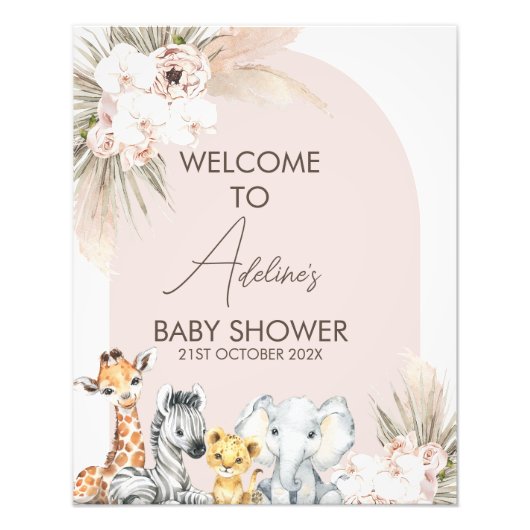 Roze Arch Safari Wild Een Baby shower Welkomstbord Foto Afdruk (Voorkant)