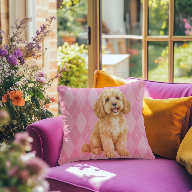 Roze Argyle Gouden Cockapoo Worp Kussen (Creator heeft geüpload)