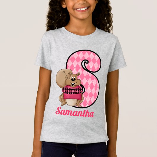 Roze Argyle Squirrel Monogram Letter S met naam T-shirt (Voorkant)