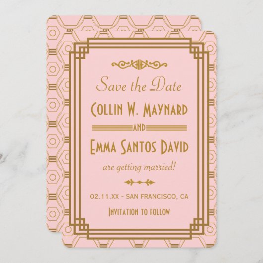 Roze Art Deco Bewaar de datum uitnodigt Save The Date (Voorkant / Achterkant)