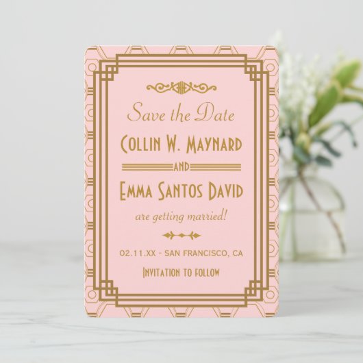 Roze Art Deco Bewaar de datum uitnodigt Save The Date (Staand voorkant)