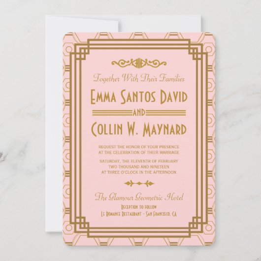 Roze Art Deco bruiloft uitnodigingen (Voorkant)