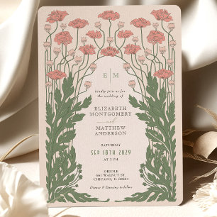 Roze  Art Nouveau Bloemenbruiloft Kaart