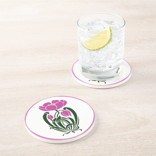 Roze Art Nouveau bloemontwerp | Vintage botanisch Zandsteen Onderzetter (Zijkant)