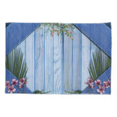 Roze Arty Flowers op Blue-wood-Fabric textuur Kussensloop (Achterkant)