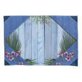 Roze Arty Flowers op Blue-wood-Fabric textuur Kussensloop (Voorkant)