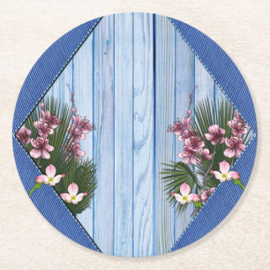 Roze Arty Flowers op Blue-wood-Fabric textuur Ronde Kartonnen Onderzetter
