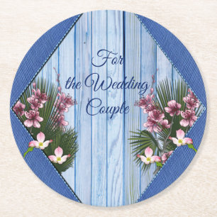 Roze Arty Flowers op Blue-wood-Fabric textuur Ronde Kartonnen Onderzetter
