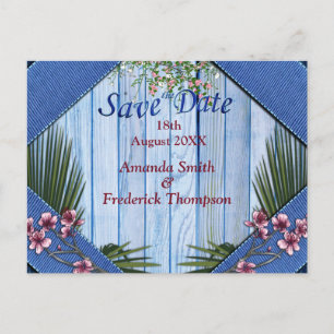 Roze arty Flowers op Blue-wood textuur Aankondigingskaart