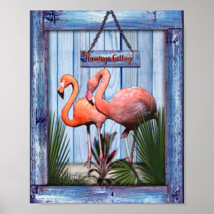 Roze arty Flowers op Blue-wood textuur Poster
