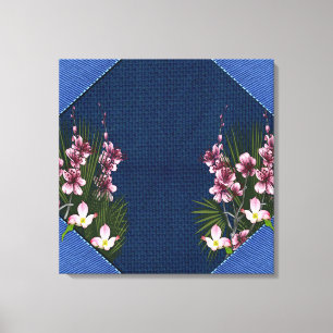Roze Arty Flowers op Navy Blue Fabric-textuur Canvas Afdruk