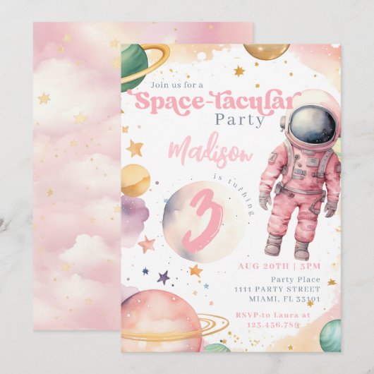 Roze Astronaut Meisje Outer Space Verjaardag Kaart (Voorkant / Achterkant)