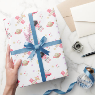 Roze astronaut Space Birthday Invitation Wrapping Cadeaupapier