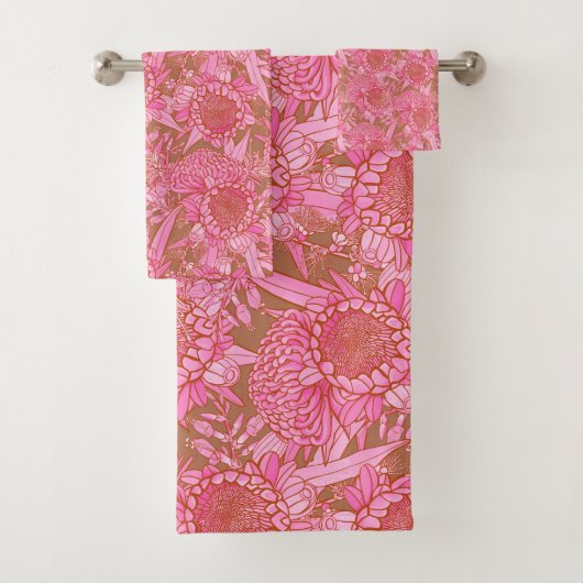 Roze Australische protea en Waratah Pattern Bad Handdoek (Insitu)