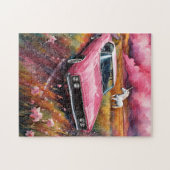 roze auto en een eenhoorn in een weide legpuzzel (Horizontaal)
