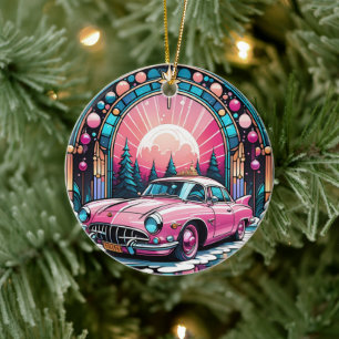 Roze Auto Keramische Decoratieve Glas in lood look Keramisch Ornament