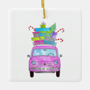 Roze auto met kerstcadeautjes Waterverf Keramisch Ornament
