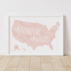 Roze Avontuur Wacht US Kaart Kinderkamer Decor Poster