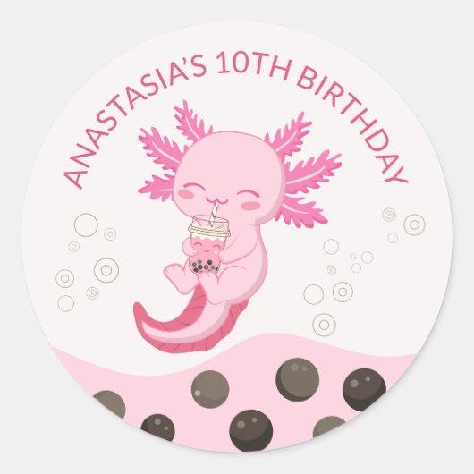 Roze Axolotl Bubble Milk Boba Thee Verjaardagsfees Ronde Sticker (Voorkant)