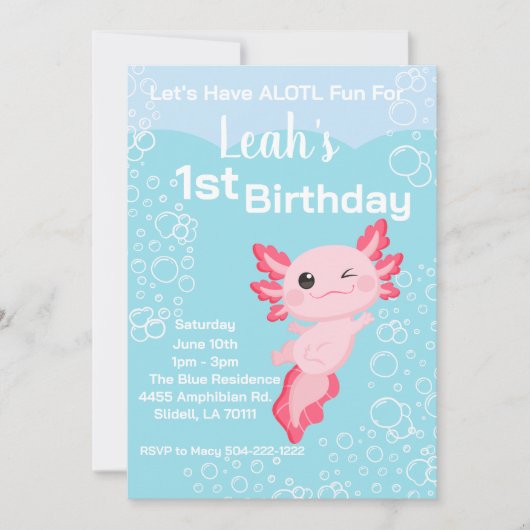 Roze Axolotl Meisje 1e Verjaardagsfeest Kaart (Voorkant)