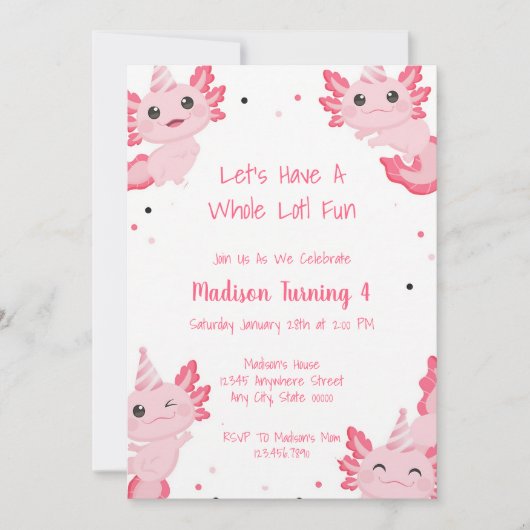 Roze Axolotl Verjaardagsuitnodiging Meisje Kaart (Voorkant)