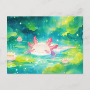 Roze Axolotl Zwemt in Zonnige Lotusbloem Vijver Briefkaart