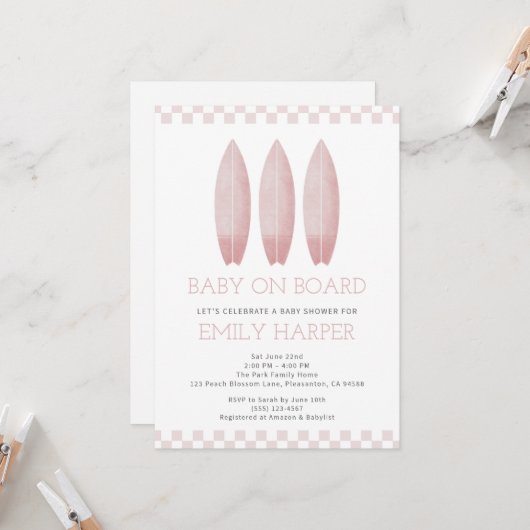 Roze Baby aan boord Baby shower Kaart (Voorkant / Achterkant in situ)