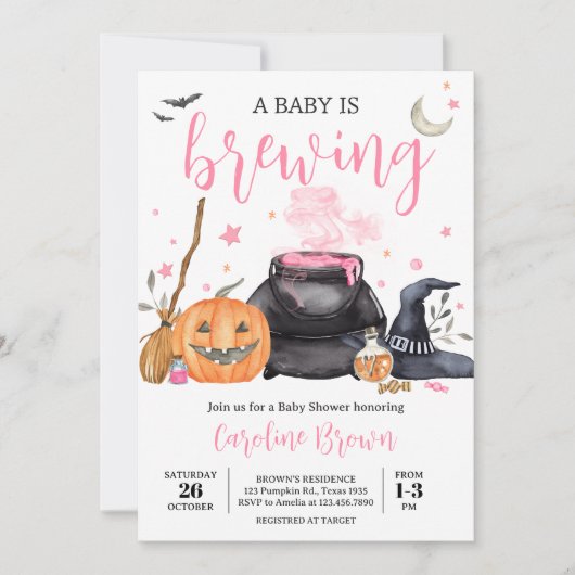 Roze Baby brouwt Schattige Halloween Baby shower Kaart (Voorkant)