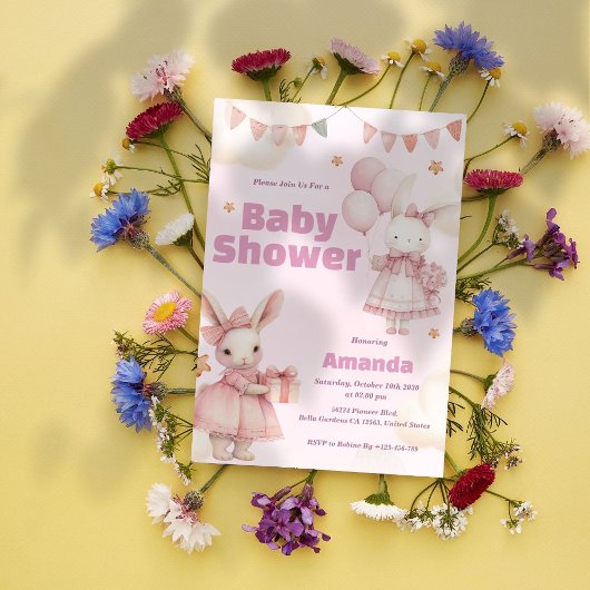 Roze Baby Bunny Douche Uitnodiging