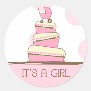 Roze Baby Carriage Cake "Het is een meisje" sticke Ronde Sticker