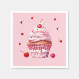 Roze Baby Eerste Kersen & Cupcake Verjaardagsfeest Servet