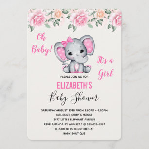 Roze Baby Elephant and Rozen Border Baby shower Kaart