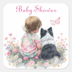 Roze Baby en Puppy Baby Shower Vierkante Sticker